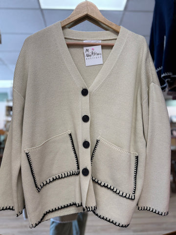 Beige Button Front Pocket Sweater
