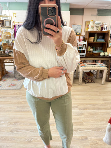 Cream Ribbed Color Block Top