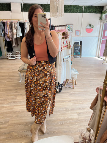 Black Orange Floral Midi Skirt